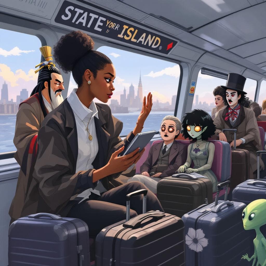 AI generated: A young cool African American woman with a tablet on the staten island ferry. She has a suitcase. Ne...