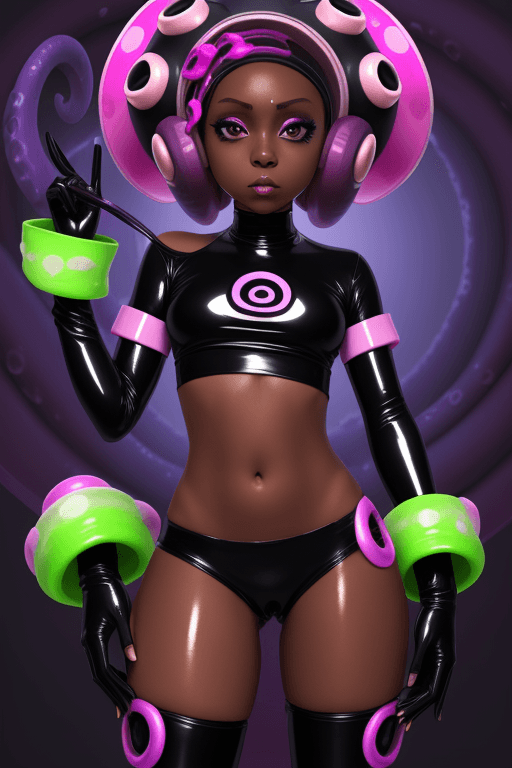 AI generated: octoling, hypnotize, dark skin, latex, female, visor, exposed upper leg, Spiral, Splatoon,