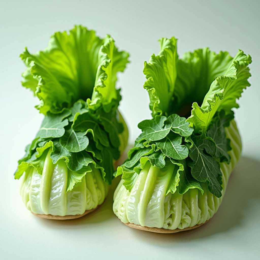 AI generated: a pair of surreal raw lettuce salad shoes made of splashy raw Lettuce structure (Spinach) raw green ...