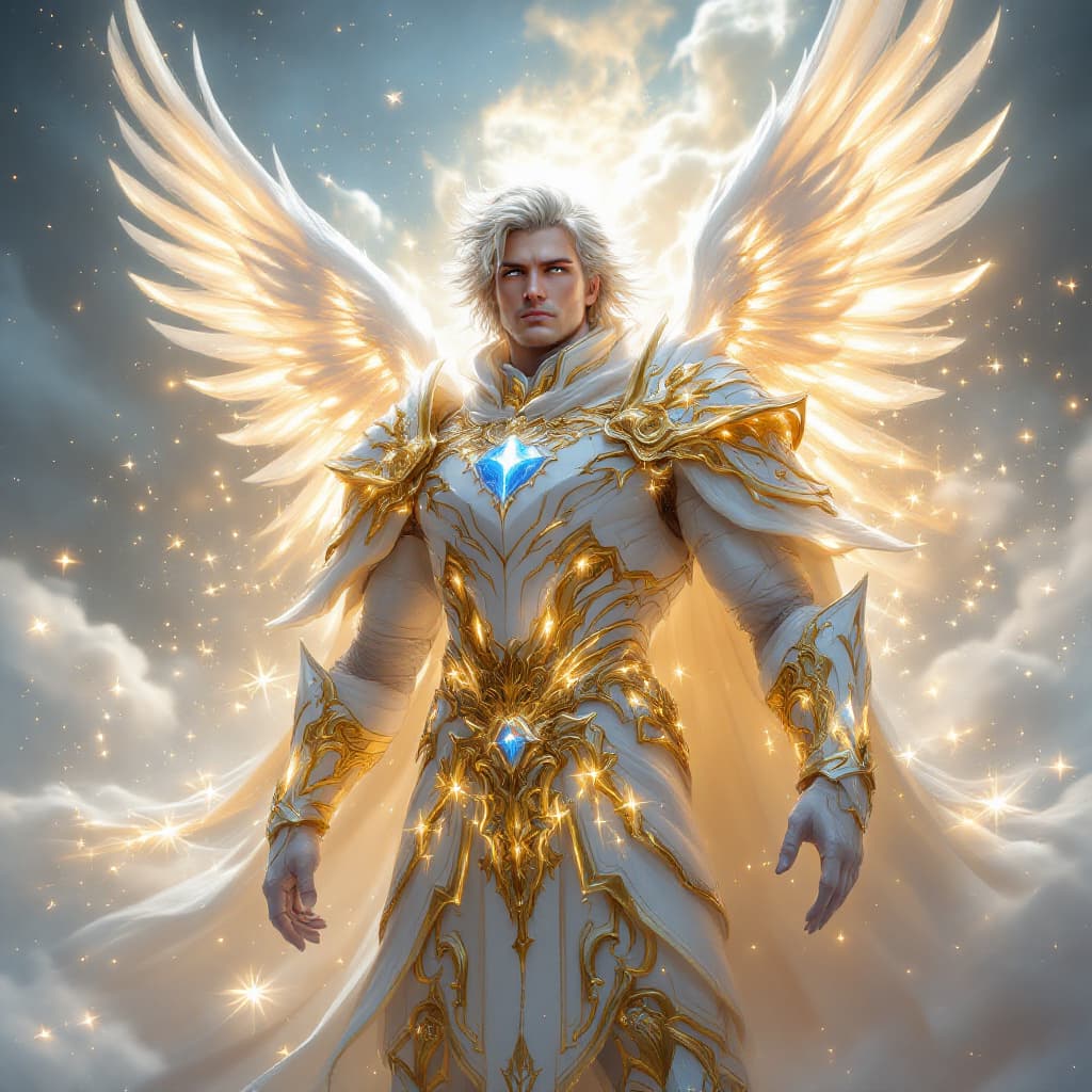 AI generated: An ultra-realistic, full-body portrait of a captivating celestial paladin man, radiating divine powe...