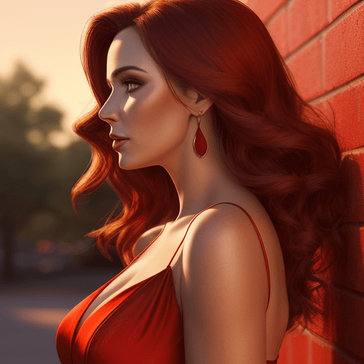 AI generated: Glam shot photo of a pretty lady, side view portrait, red dress, golden hour, digital colors, realis...