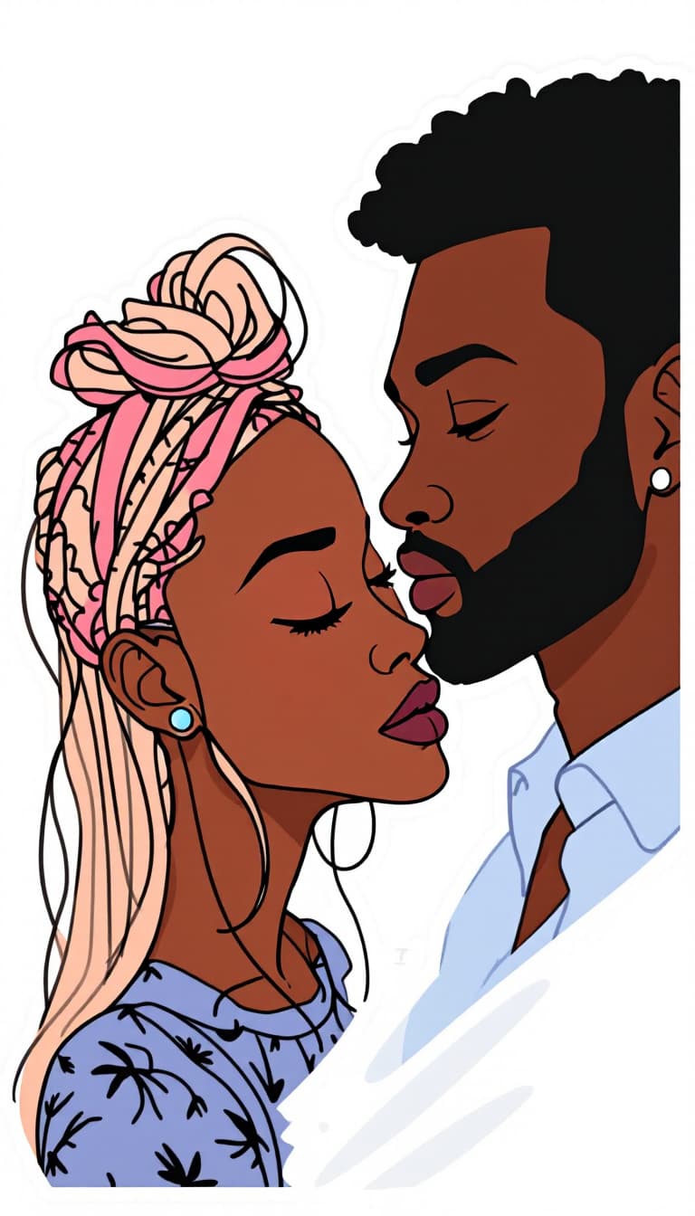 AI generated: continuous-line-drawings-of-black women and men-with-pastel-colors-sticker-2d-cute-fantasy-dream-905...