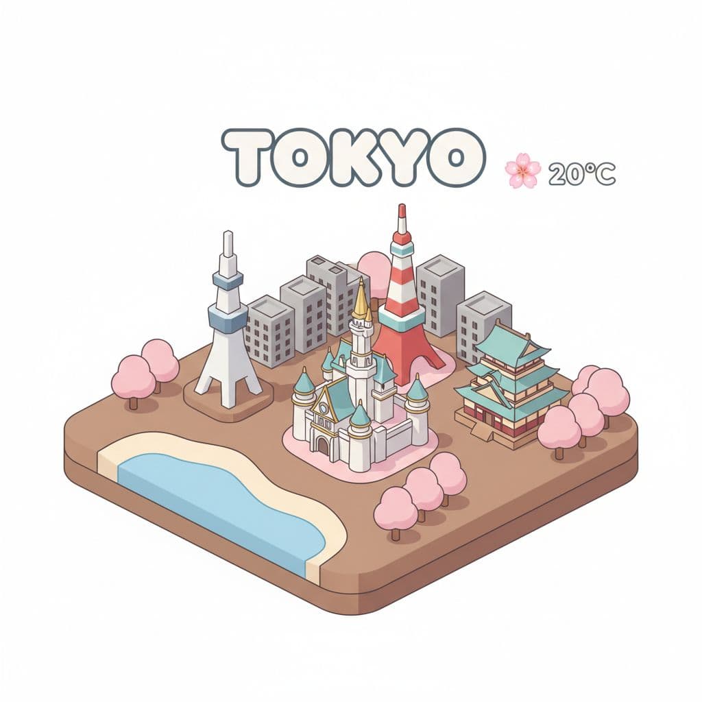 AI generated: Create a charming, isometric 3D illustration of a miniature Tokyo city scene. The entire composition...