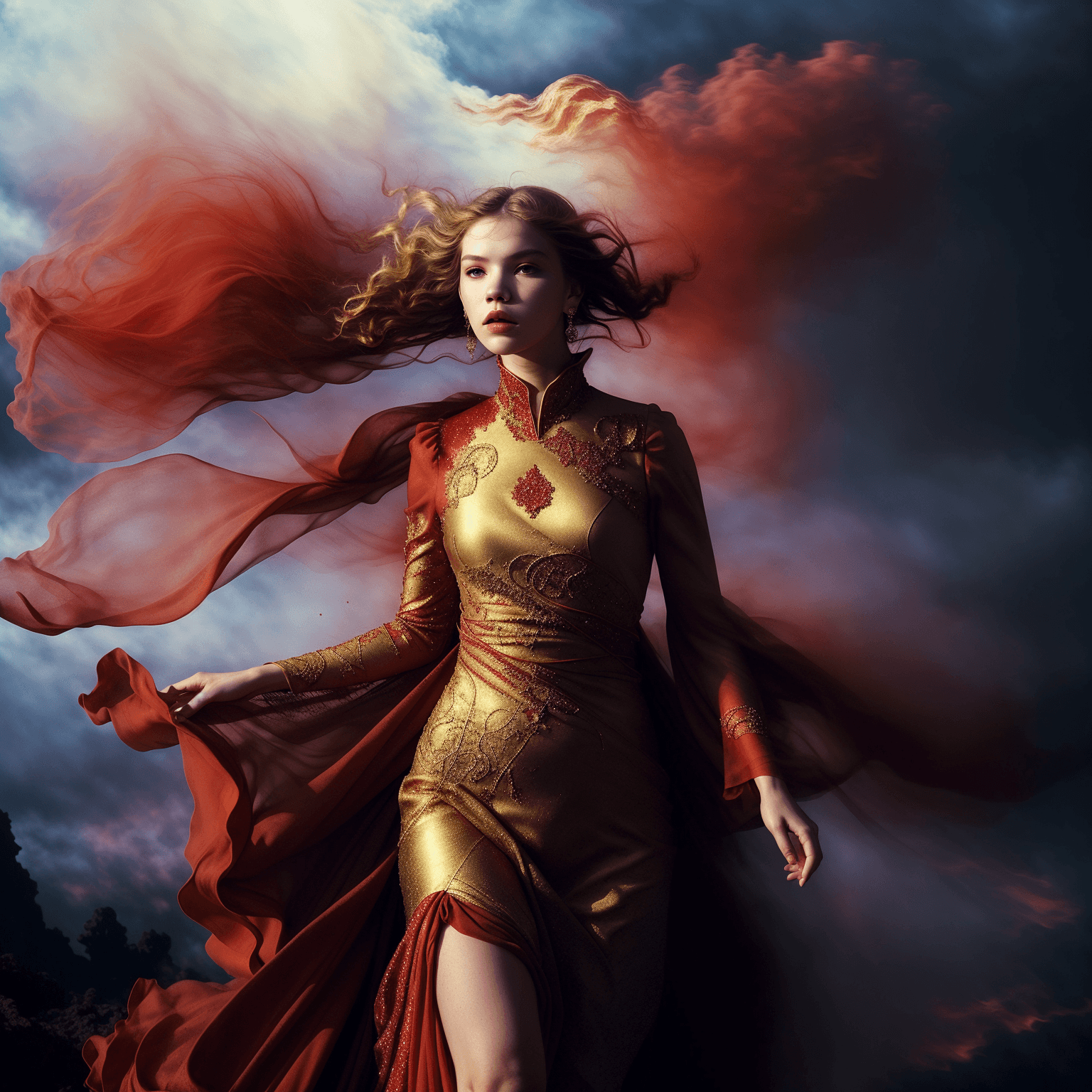 AI generated: hdr film still lifelike textures,engulfed by red powder explosion,upper body,dynamic pose,red long d...