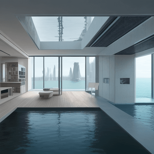 AI generated: architecture, co habitation with water, design, futuristic, rising sea levels, conceptual,  level ch...