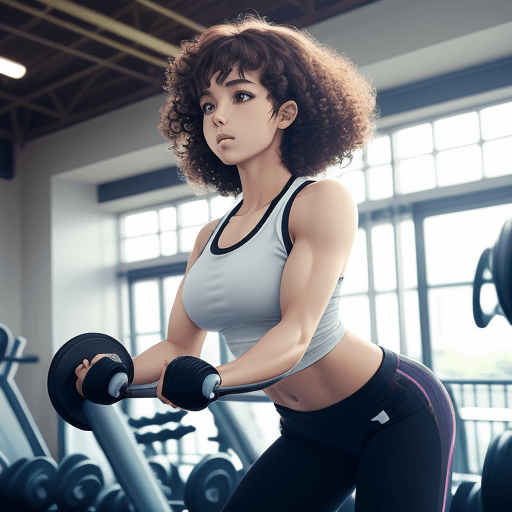 AI generated: An anime girl exercising in the gym, weights, putting on muscle, sportswear, work outfit, listening ...