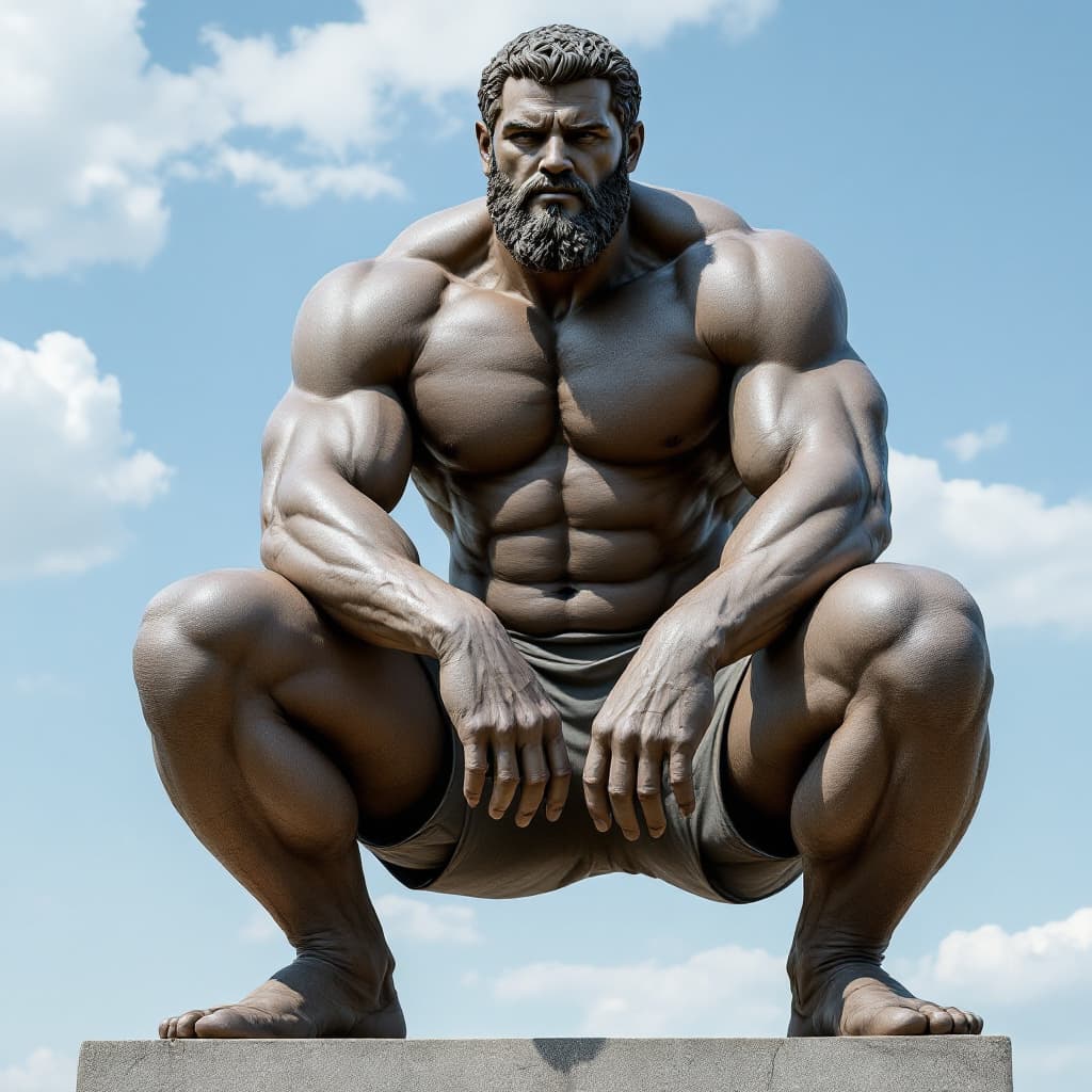 AI generated: I want a large regal statue just from the waist down, of man doing a squat. no head or torso I want ...