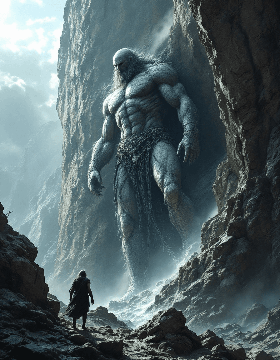 AI generated: Create an emotional dramatic image depicting (the giant God Prometheus chained to the enormous cliff...