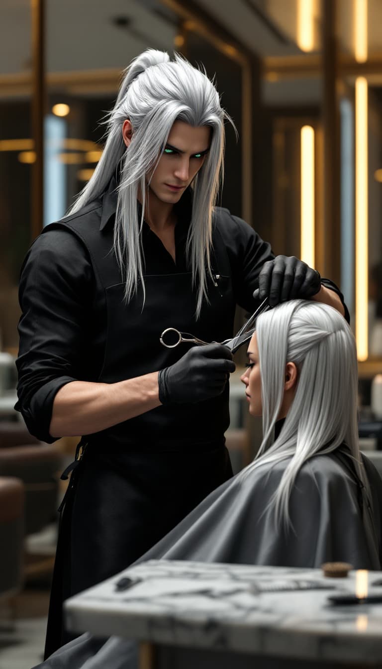 AI generated: A candid, photorealistic shot of Sephiroth from Final Fantasy VII working as a professional hairdres...