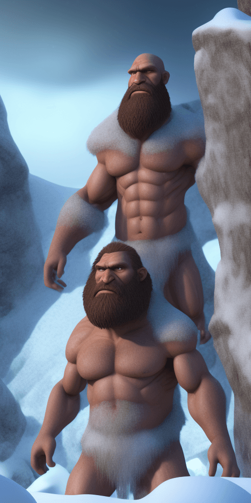 AI generated: A neanderthal man is standing the the snow near a cave, he has bald head, long red beard and large e...