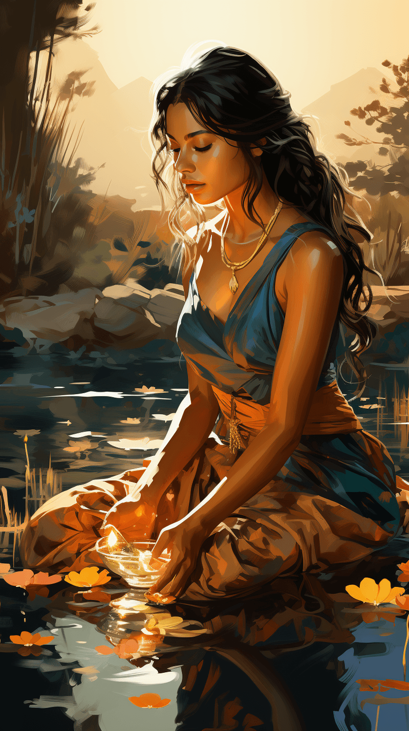 AI generated: Vector illustration of a beautiful indian woman fetching water from the pond, close up shot, bapu st...