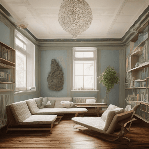 AI generated: High resolution photography interior design, dreamy sunken living room conversation pit, wooden floo...