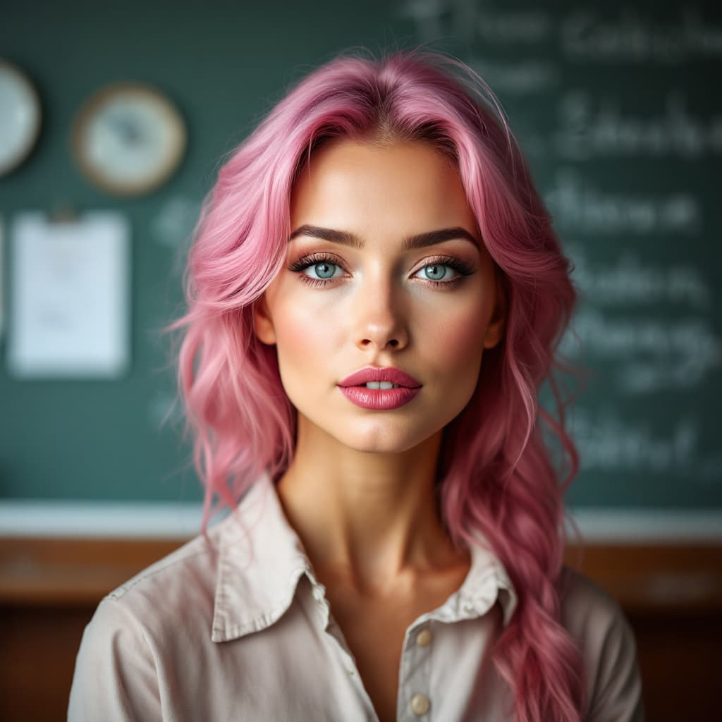 AI generated:  female.teacher, pink hair, perfect eyes, light makeup, gorgeous detailed teacher lipstick school ba...