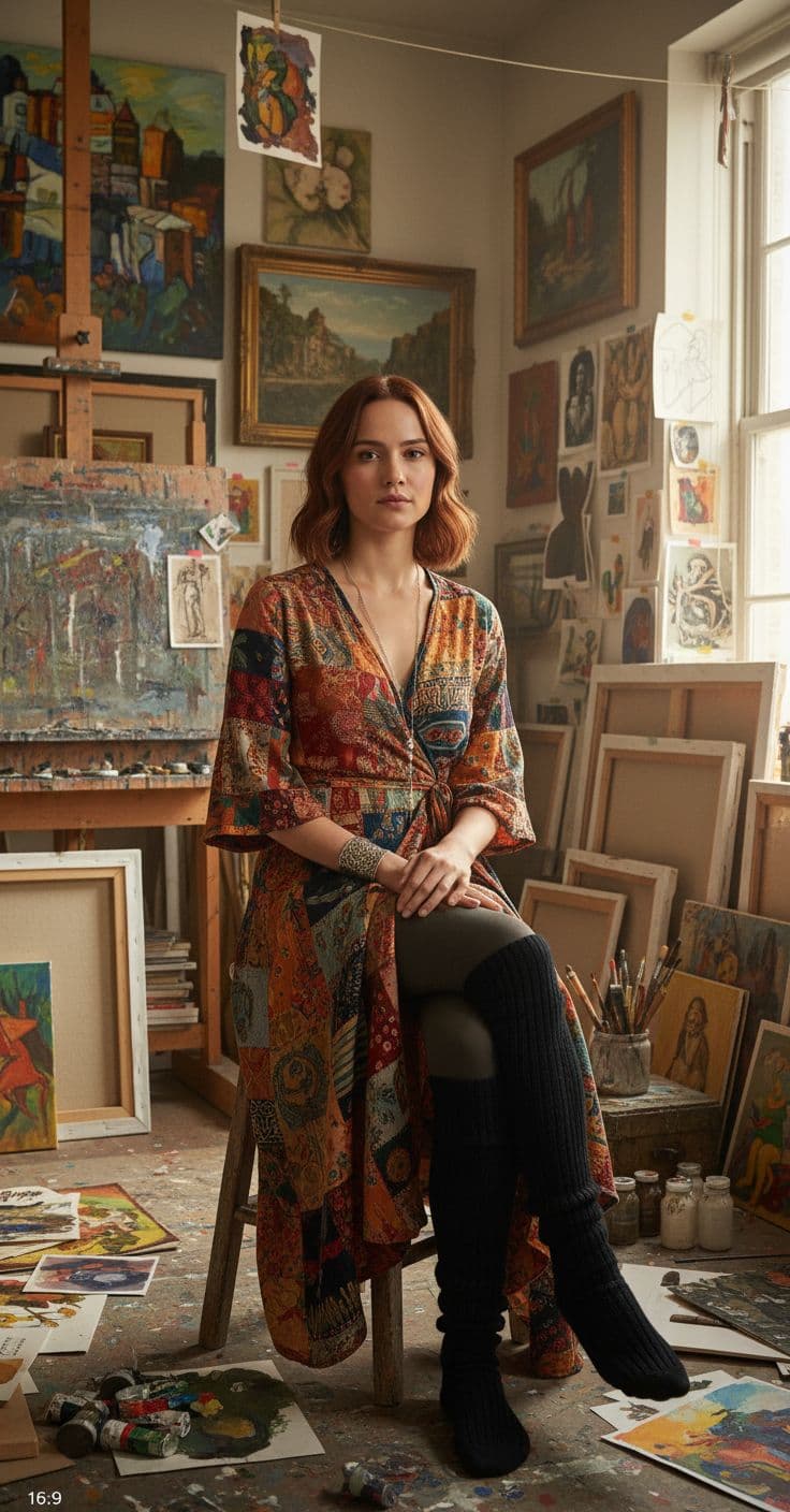 AI generated: Alicia Vikander sitting on a wooden stool in an artist's studio filled with framed paintings and art...
