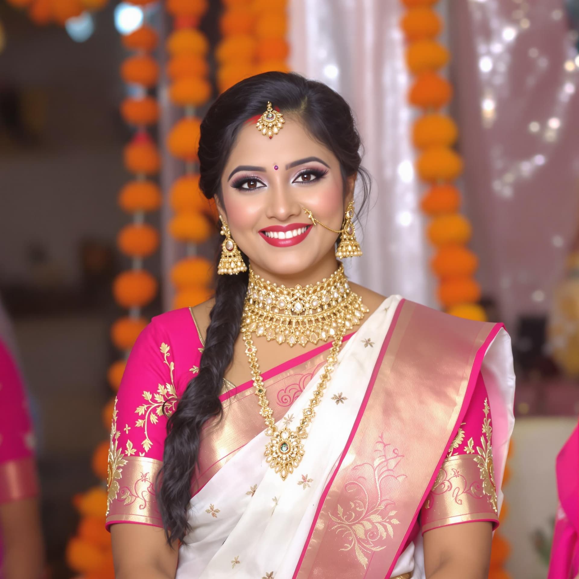 AI generated: The image features a woman dressed in traditional attire, specifically a white and gold saree with a...