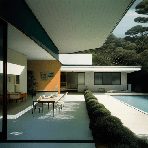 AI generated: Hyper realistic eye level exterior photo of a mid century modern style house overlooking the ocean, ...