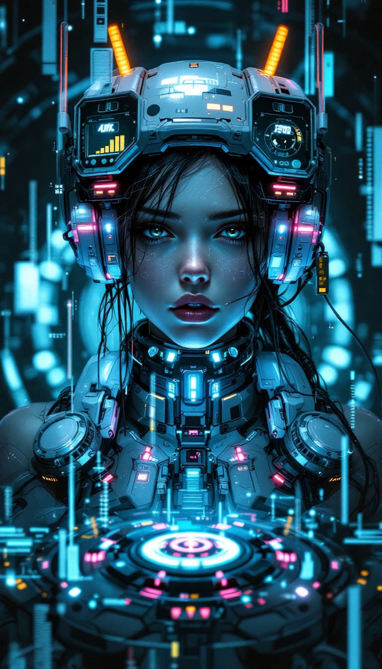 AI generated:  Portrait of a futuristic cyberpunk rebel leader, girl, centered, adorned with revolutionary tech, i...