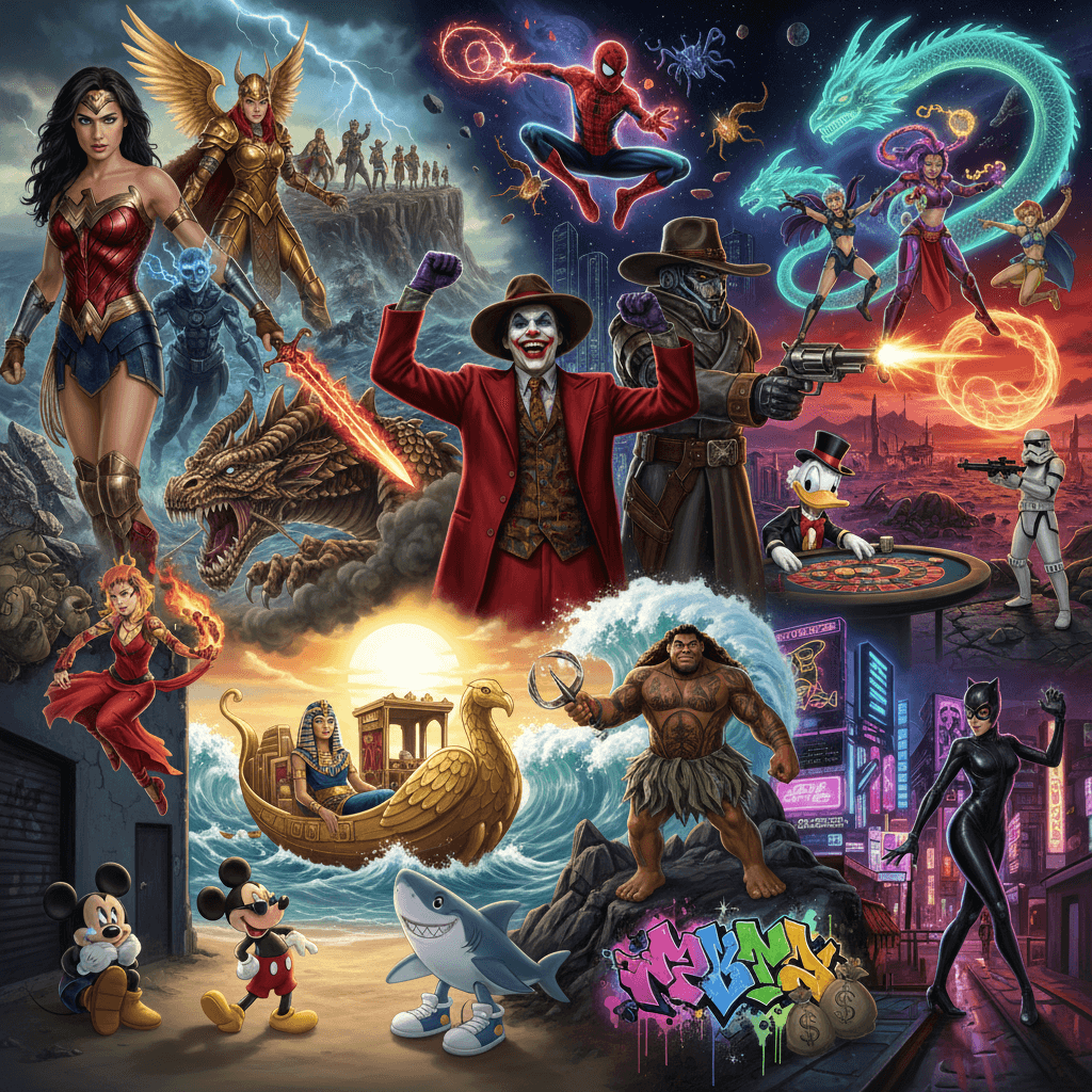 AI generated: Hyper-realistic ultra-high-definition panoramic collage of iconic cinematic styles, blending epic fa...