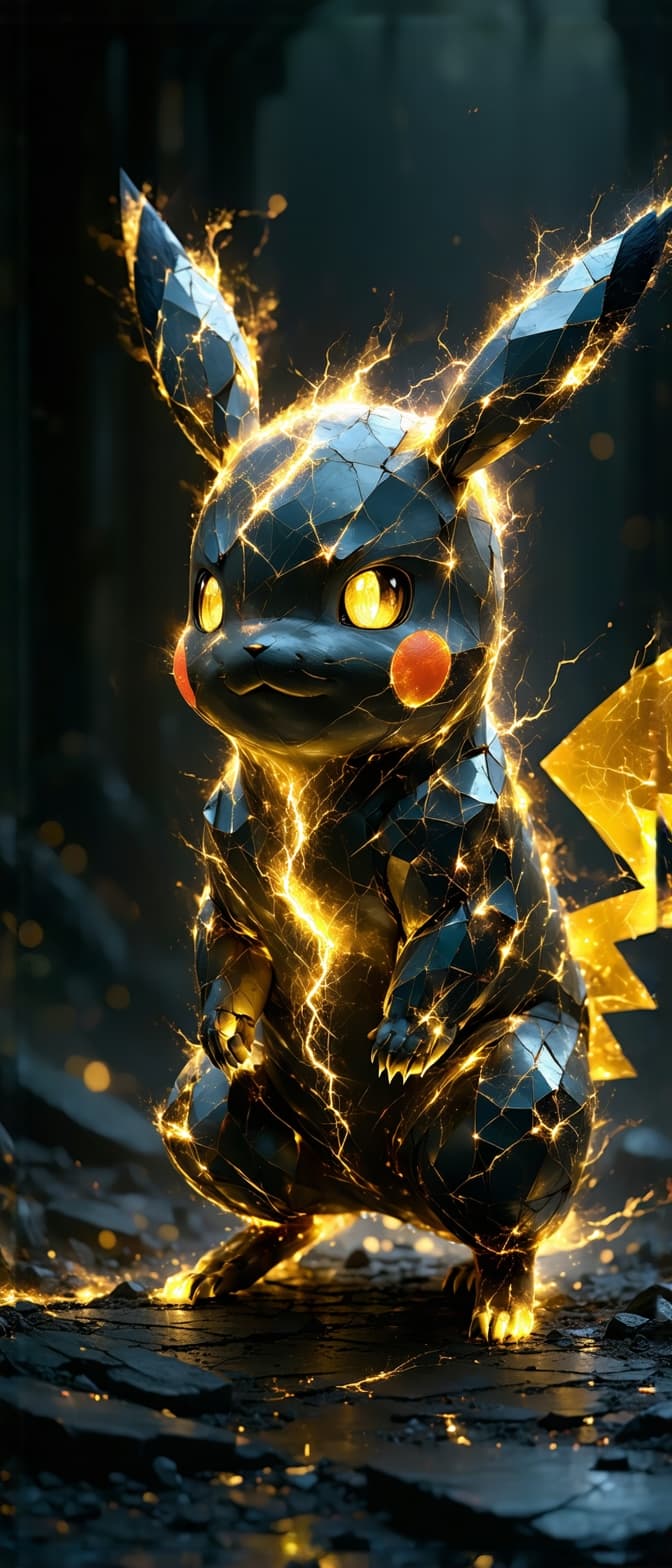 AI generated: Create an awe-inspiring masterpiece depicting a war-torn, godlike Pikachu transcending dimensional b...
