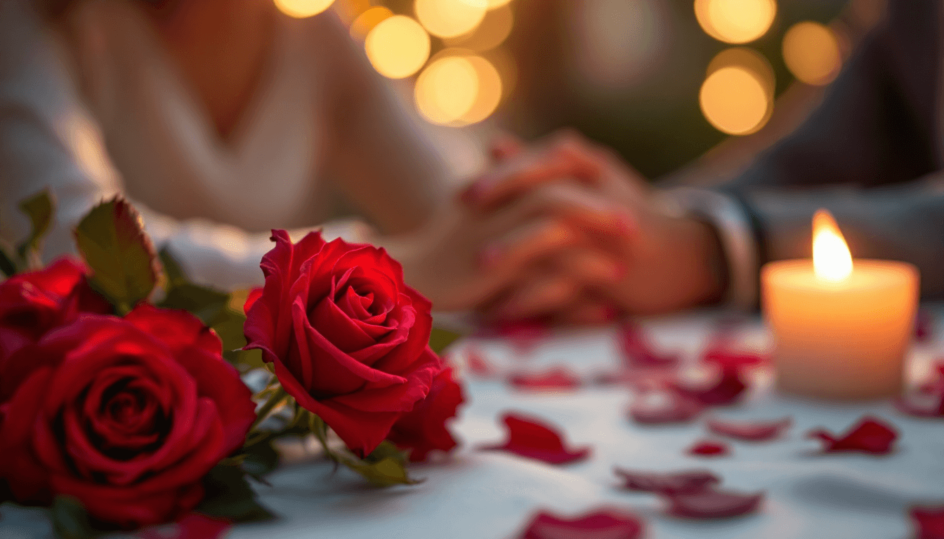 AI generated: Romantic dinner scene, vibrant red roses in foreground, soft bokeh lights, candles, hands clasped in...