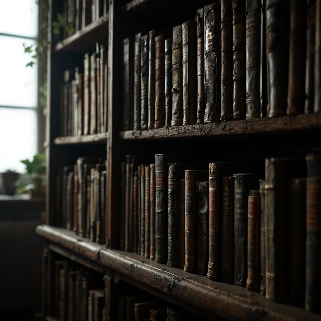 AI generated: Darker image of library shelf with many books including vintage that some has on it Carnivore, or Me...