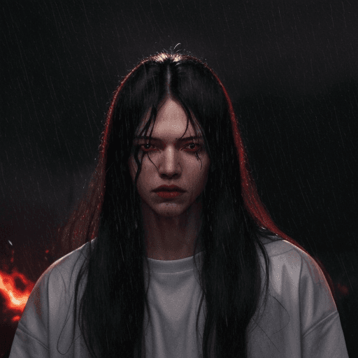 AI generated: god, Boss, in a rainstorm, thunders in background, scary, 4k, insane, red eyes, flame in the backgro...