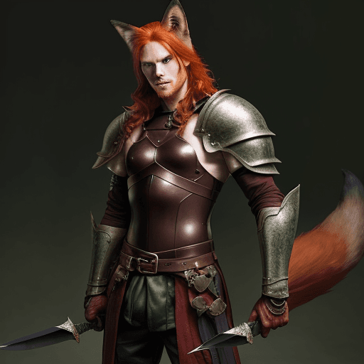AI generated: Character: Tall, lean, slightly muscular red-haired green-eyed man with fox ears and lush tail in fu...