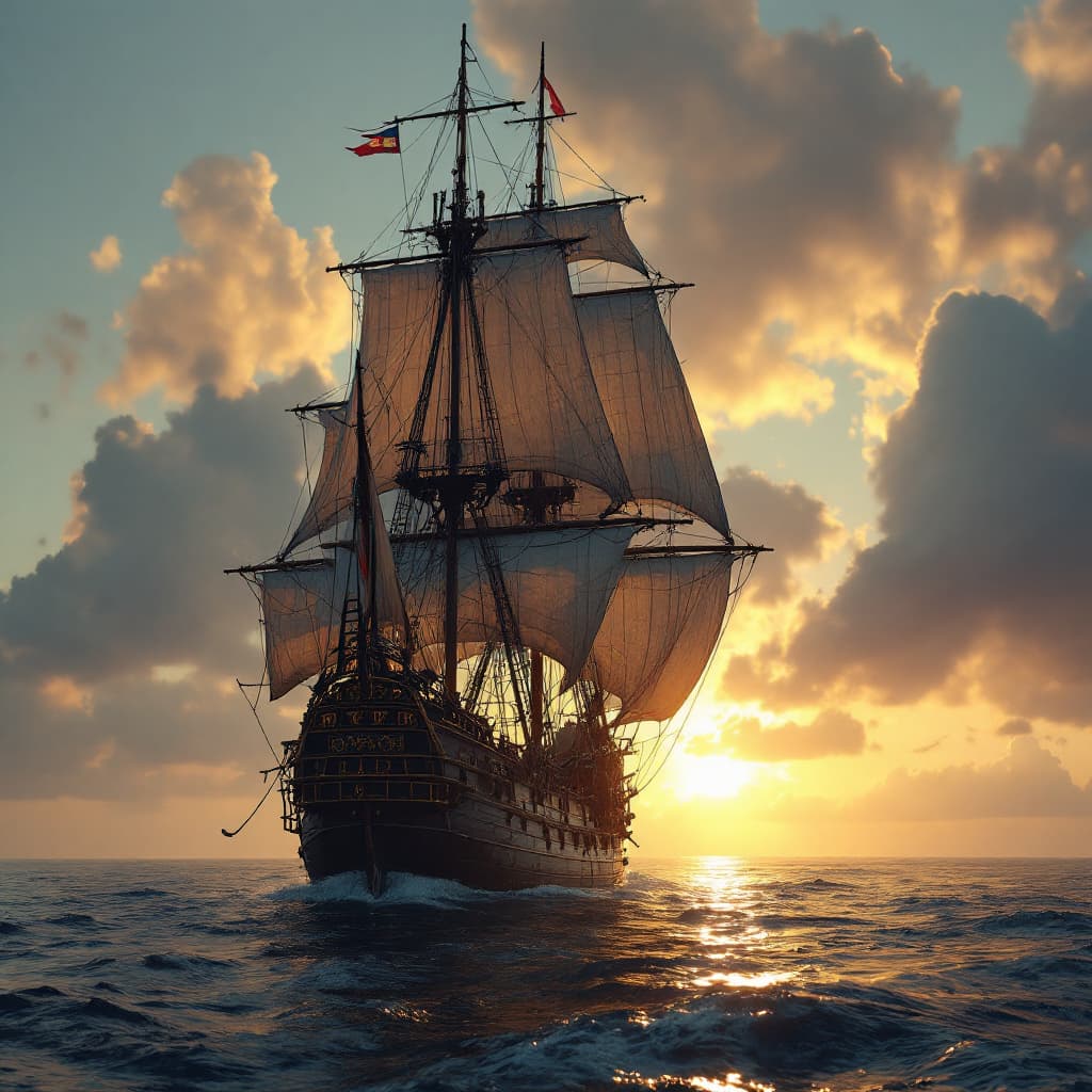 AI generated: Photo of a ultra realistic sailing ship, dramatic light, pale sunrise, cinematic lighting, battered,...