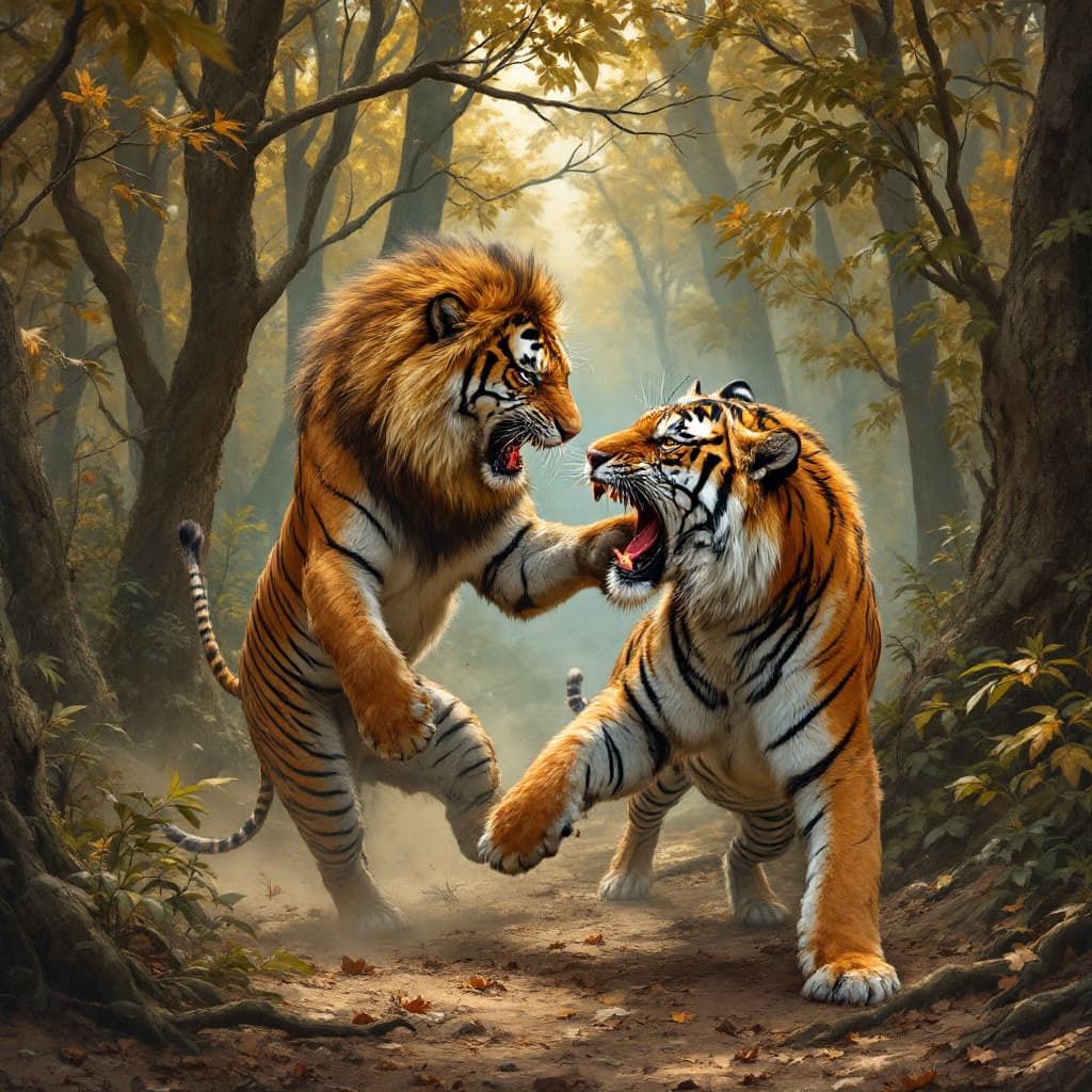 AI generated: Tiger fighting Lion in forest
