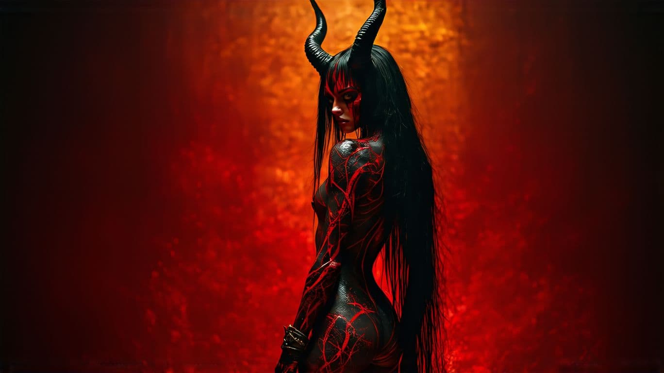 AI generated:  A hyper-realistic, cinematic photo of a female demon character, reminiscent of the dark, mystical w...