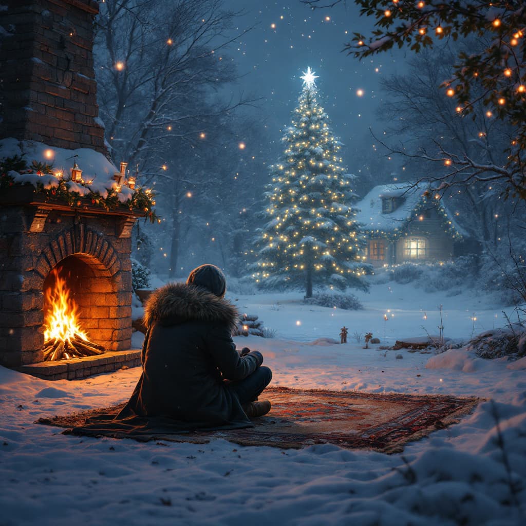 AI generated: by the fireplace and waiting for a New Year, The background is Frozen, cinematic lighting, epic scen...