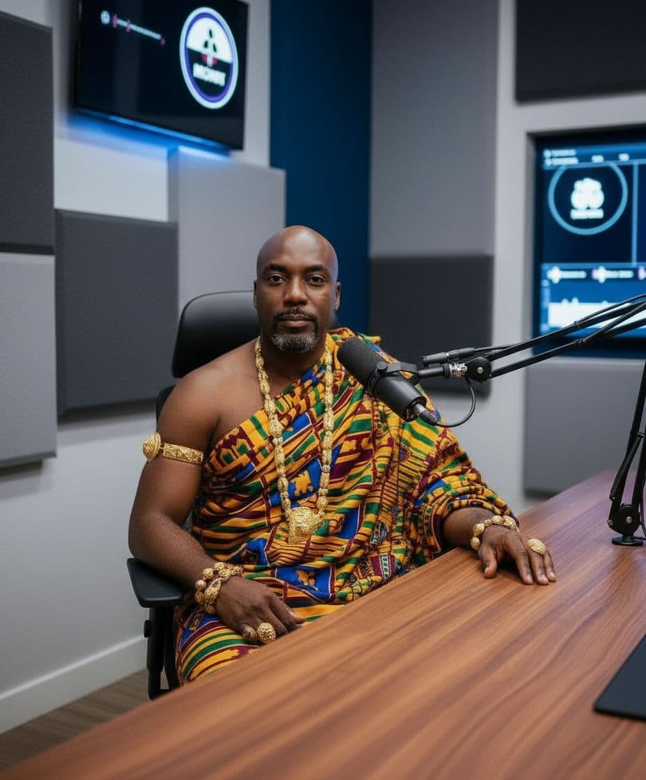 AI generated: “Create a hyper-realistic cinematic image of the same African man dressed in regal multicolor kente ...