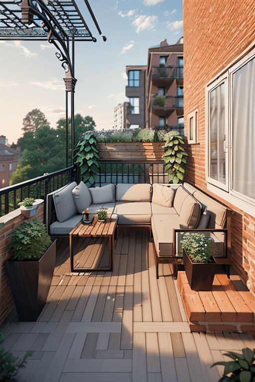 AI generated: SMALL GARDEN ON THE BALCONY OF A modern c-shaped APARTMENT WITH BRICK FINISH AND wooden PERGOLA vert...