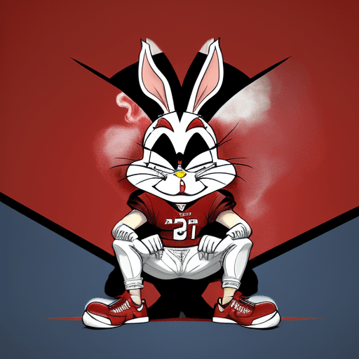 AI generated: bugs bunny who is next to a Arizona Cardinals helmet, wearing a Arizona Cardinals jersey and blue je...