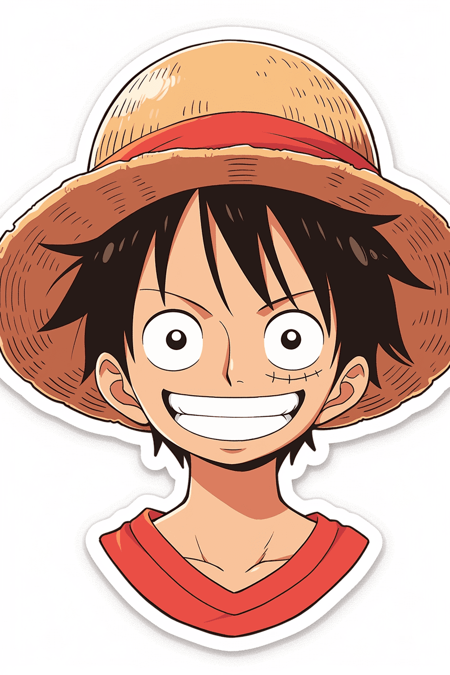AI generated: a sticker of Monkey D. Luffy from one piece, straw hat, smirk, anime style, minimalist design, trend...