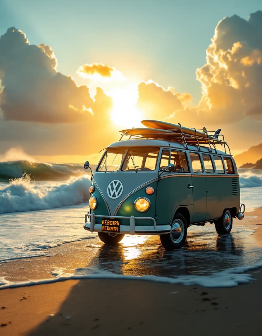 AI generated: A vw classic samba 23 window bus on a golden sunset beach with ethereal light in the sky just before...