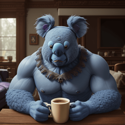 AI generated: blue koala as a muppet with thanos costume, spongy texture, having a coffee on a wooden table, class...