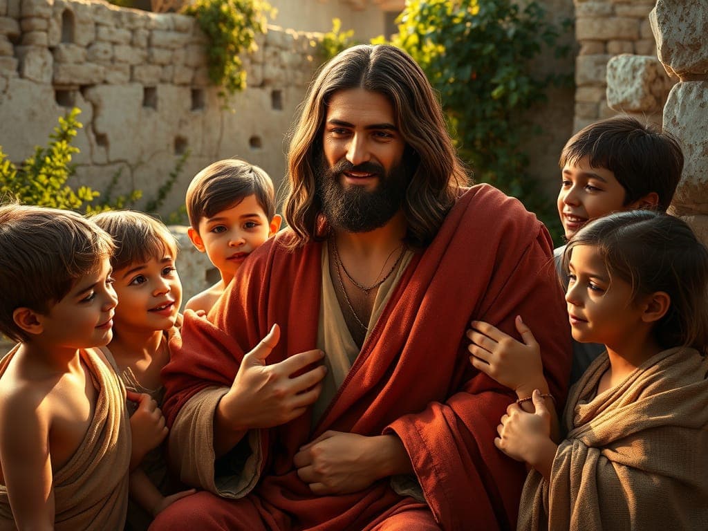 AI generated:  Jesus surrounded by children, gentle warmth and benevolent smile, set against a stunningly realisti...