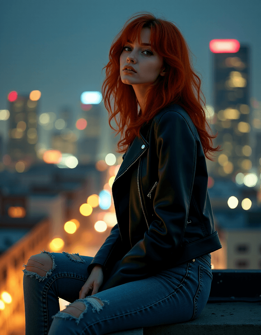 AI generated: HDR photo of hyperrealistic art A mesmerizing ultra HD image of a woman with fiery red hair, sitting...