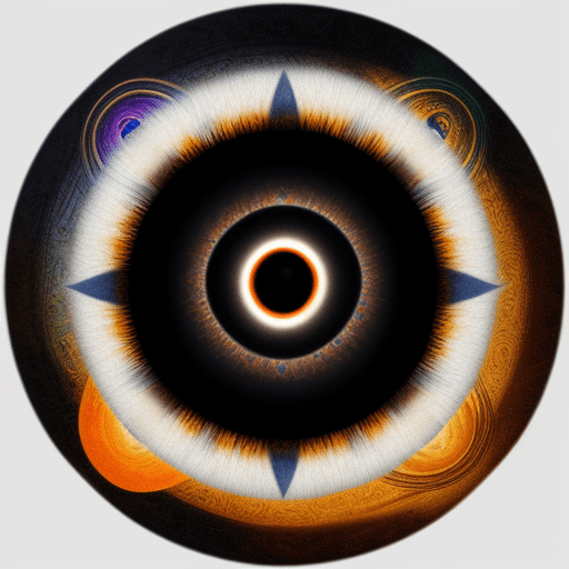 AI generated: Realistic Eye of Horus with Torus in pupil, white, orange, indigo colors, circle with dot in center ...