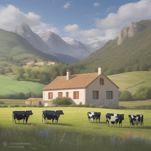 AI generated: Realistic photo. A countryside house in a classic Catalan style. Surrounded by small mountains and m...