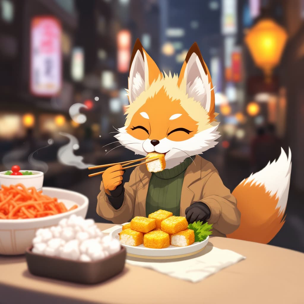 AI generated: a Japanese fox girl ,eating a Fried tofu sushi.She is happy and is smiling. There is a blurred city ...