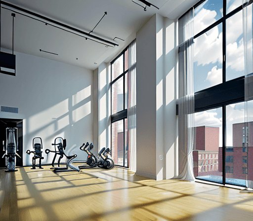 AI generated: High resolution interior design photography, of a gym inside a building with apartments around it fi...