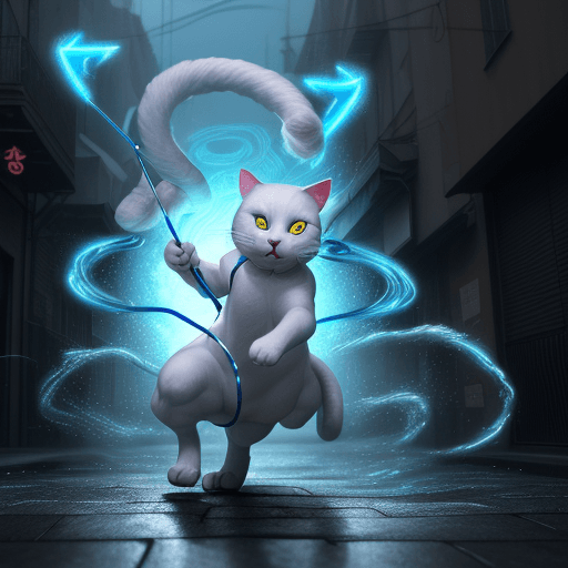 AI generated: an anthropomorphic cat wearing white linen is depicted in an action pose, swirling water with an arr...