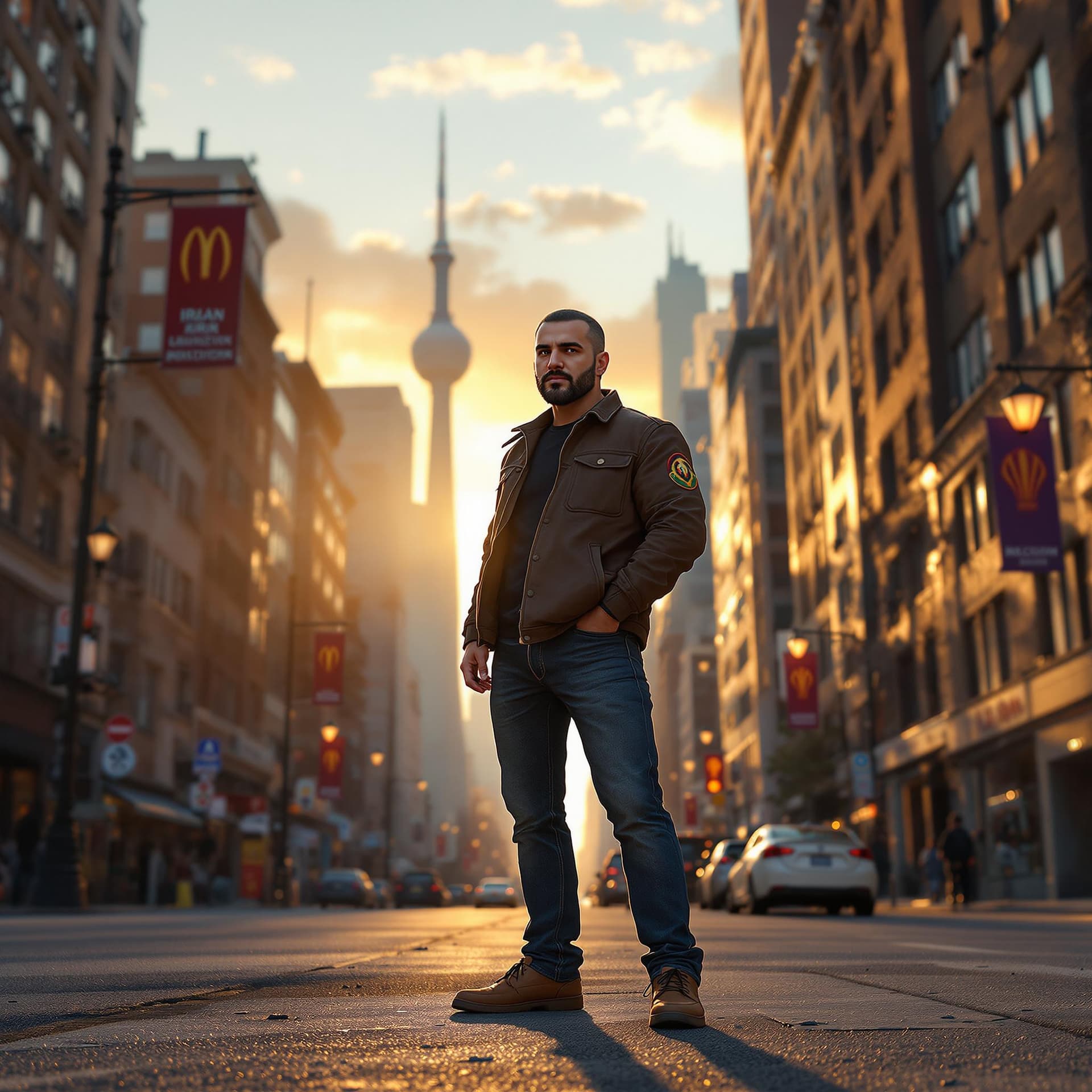 AI generated: hyper realism, high detail, octane render, 8k , some iranian guy standing on the new york higher str...