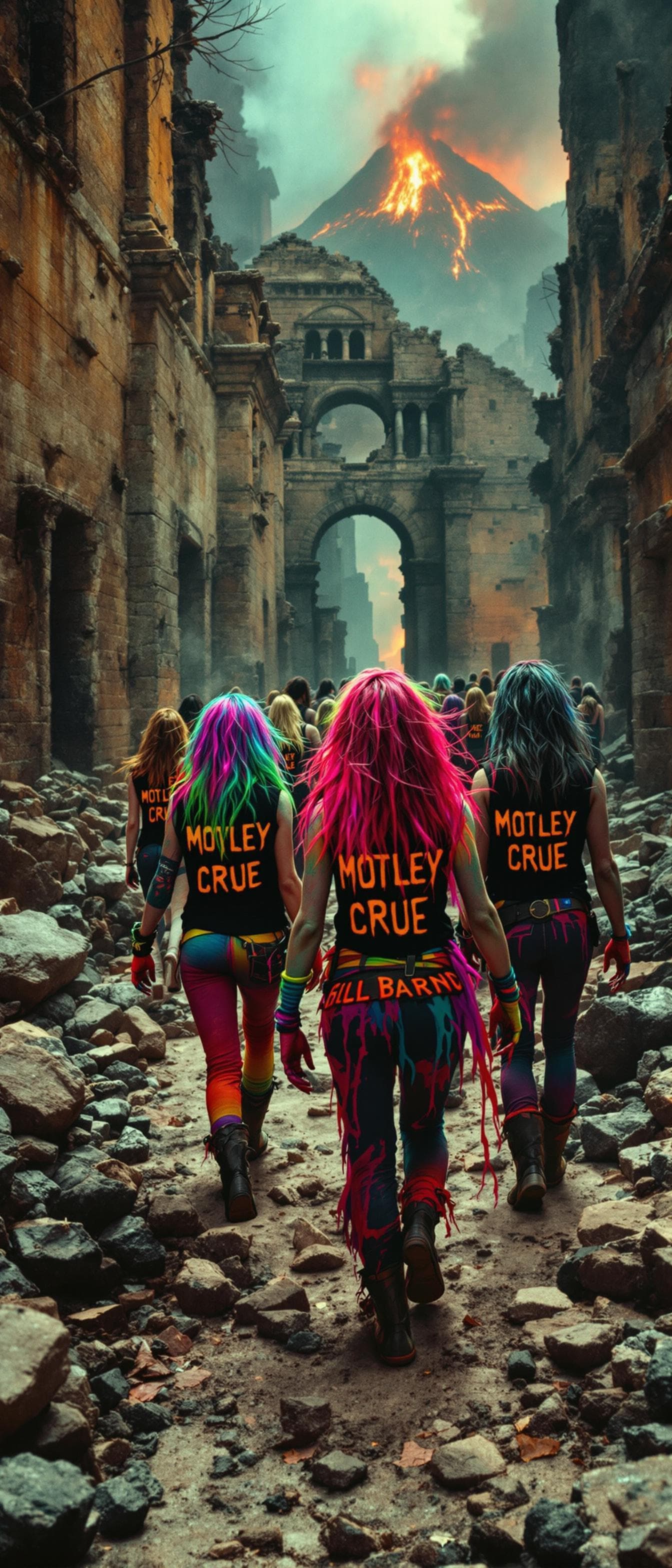 AI generated: the heavy metal band Motley Crue as zombies wearing rainbow colored clothes walking through the ruin...