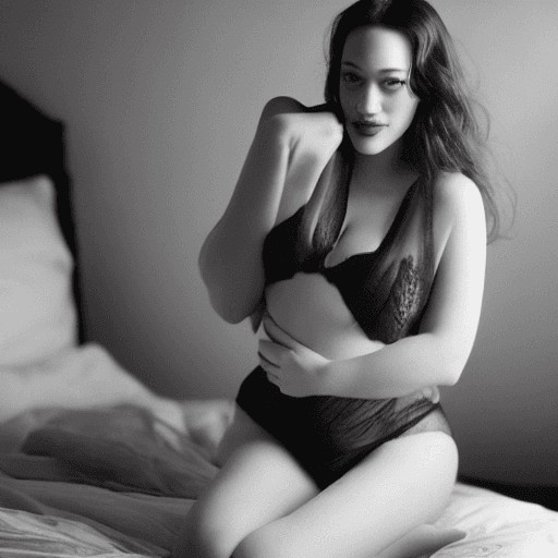 AI generated: Whole body photo of a gorgeous Kat Dennings wearing skimpy nighties on the bed, seductive smile, day...