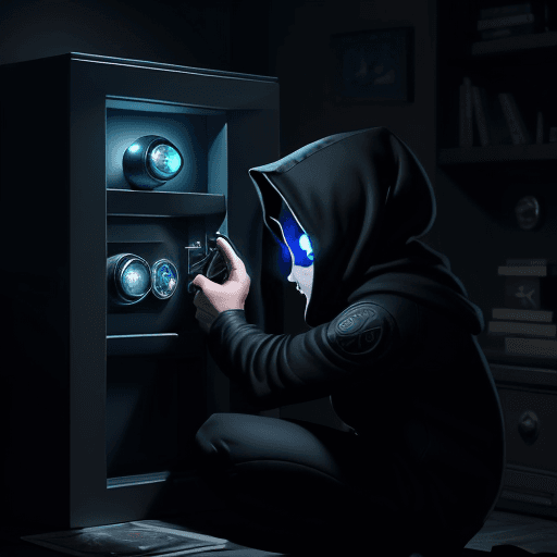 AI generated: Photo of a thief hacking into a safe,  the thief is in dark clothes, the face is not visible, the sa...