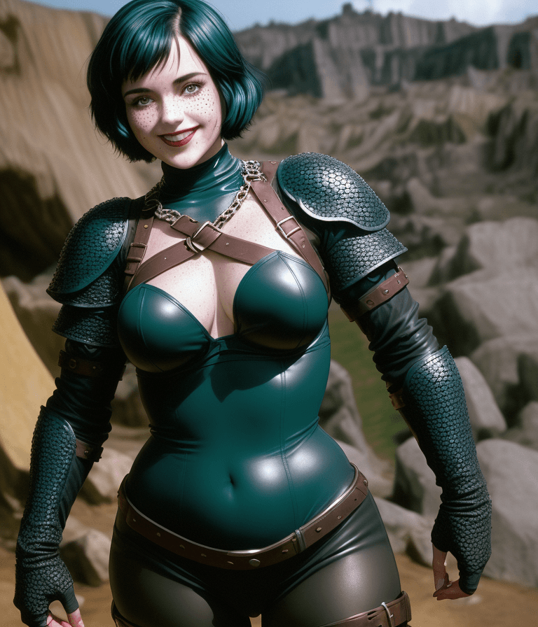 AI generated: It is D&D world, dynamic pose, cute girl, pear shaped, she has short length black hair and teal high...