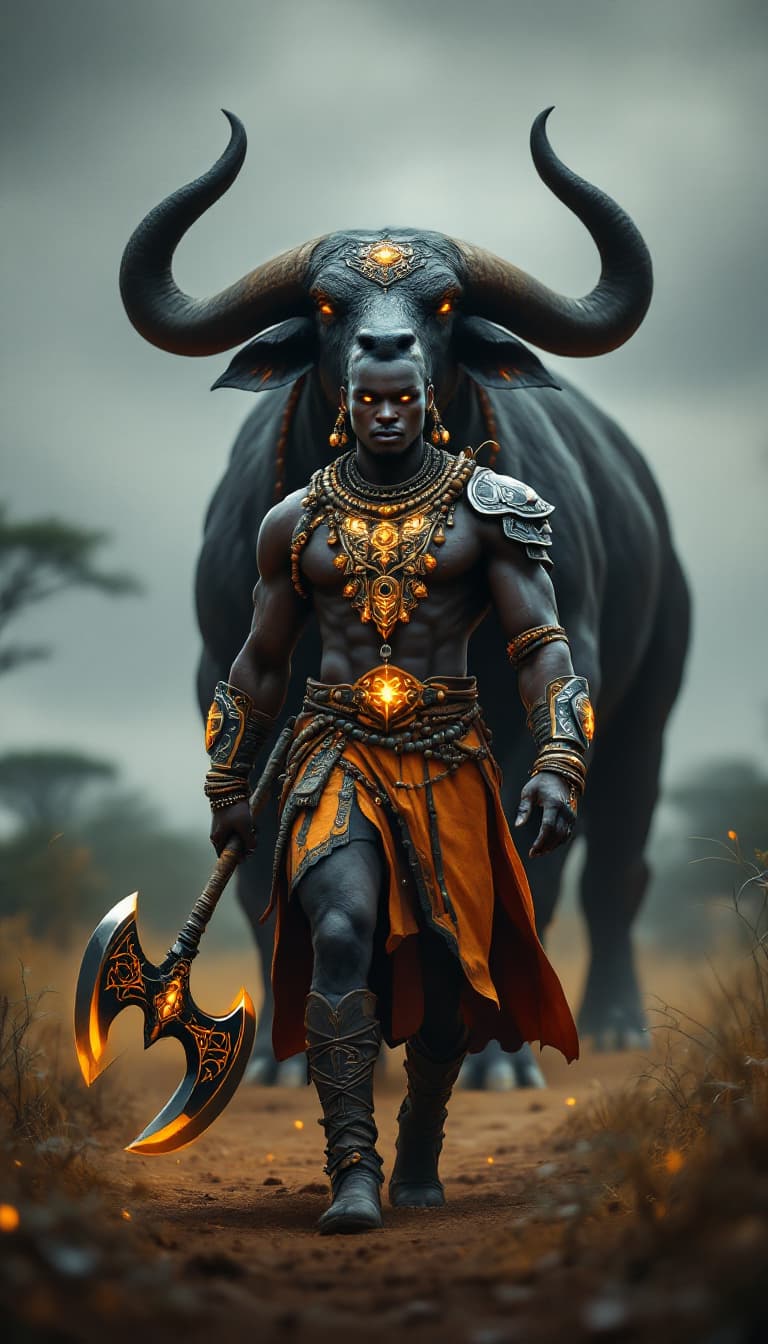 AI generated: An ultra-realistic, wide angle, front facing, full-body portrait of a skilled African Beastmaster, d...